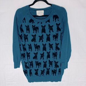 Denver Hayes Vintage Teal Cotton Black Dog Print Crew Neck Pullover Sweater M